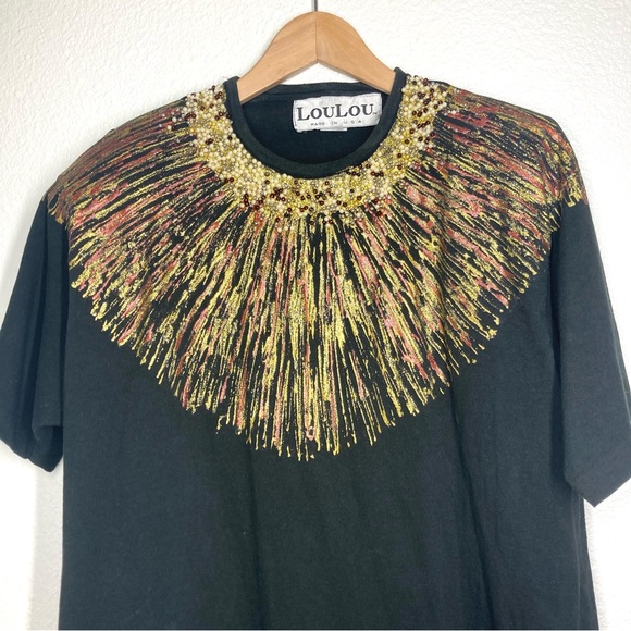 Vintage Loulou 80s Beaded Hand Painted Top Black Gold Crew Neck Short Sleeves - Picture 5 of 14